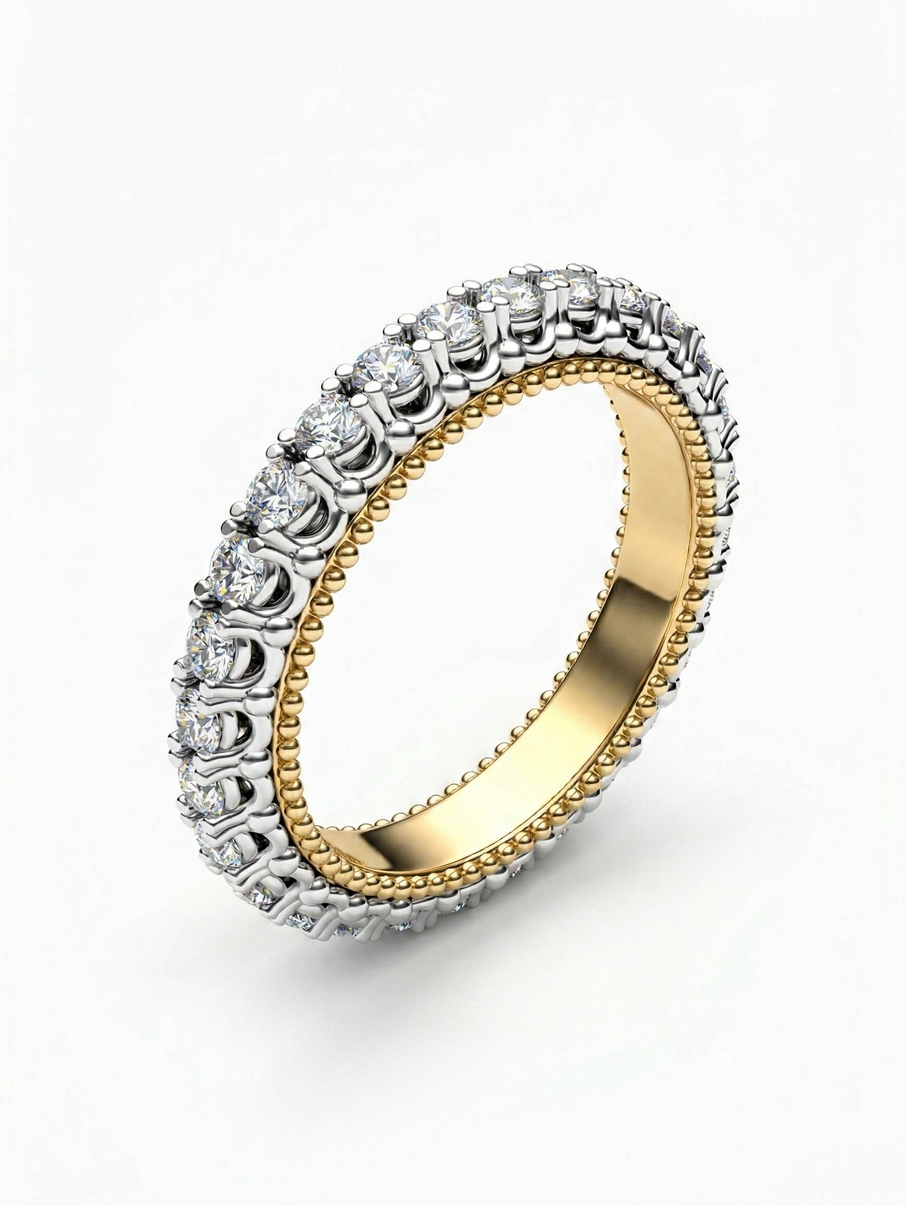 Snubní prsten ze žlutého a bílého zlata osázený diamanty