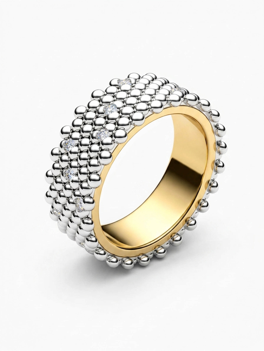 Široký snubní prsten bublinkového vzhledu z bílého a žlutého zlata doplněný drobnými diamany