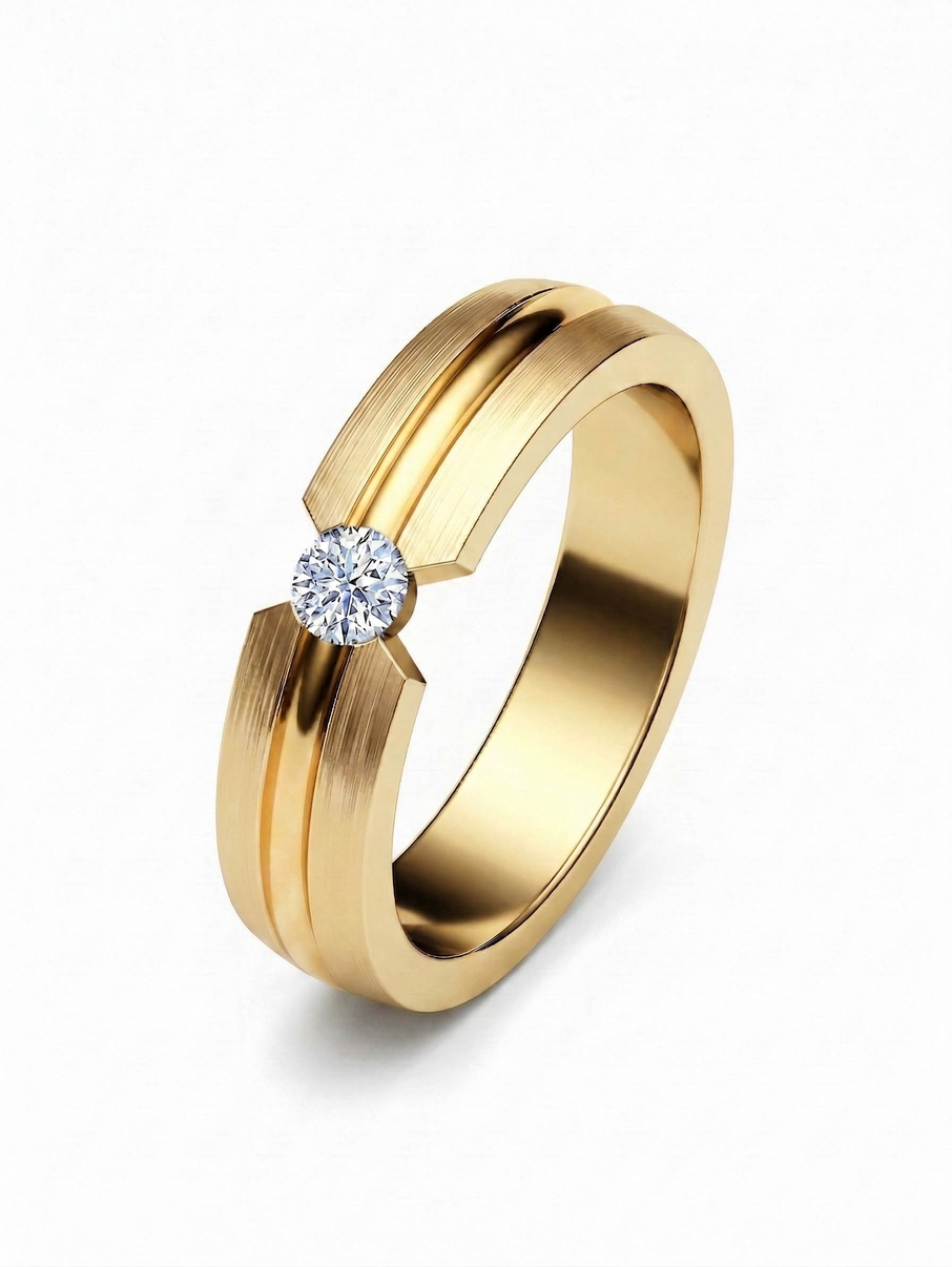 Dámský snubní prsten s matnou úpravou a centrálním diamantem ze žlutého zlata