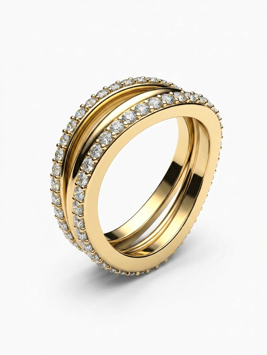 Asymetrický dámský snubní prsten ze žlutého zlata s diamanty po obvodu