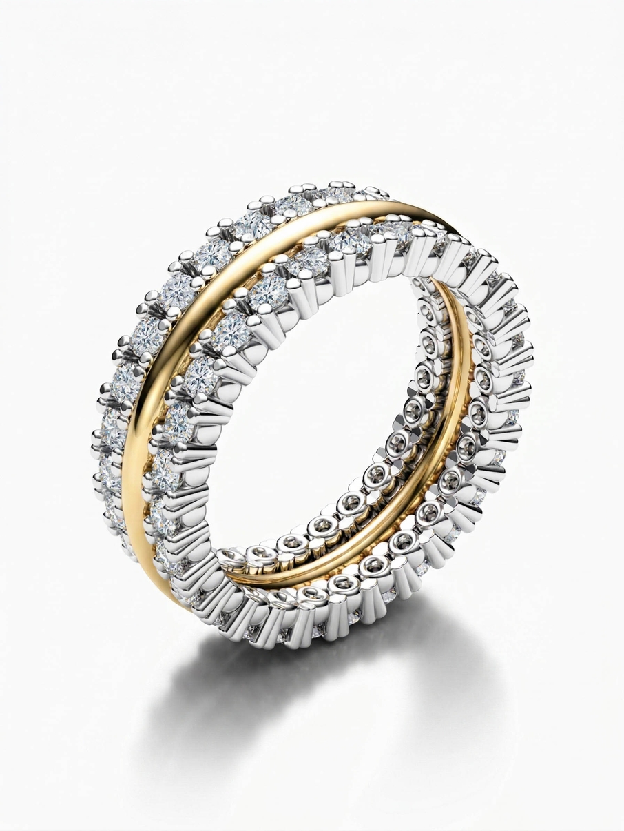 Dámský snubní prsten z bílého a žlutého zlata s diamanty po obvodu