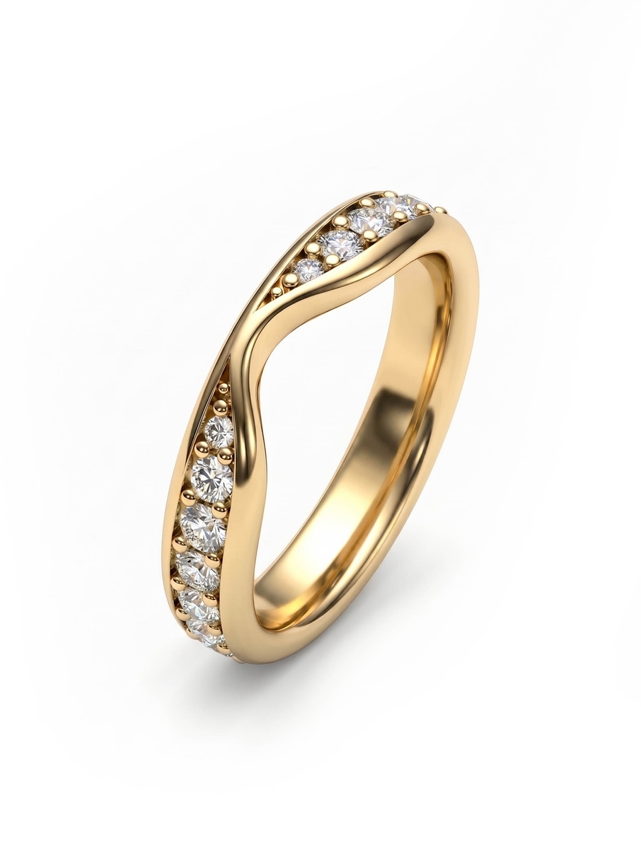 Jednoduchý celo osázený dámský snubní prsten ze žlutého zlata s výřezem na zásnubní prsten